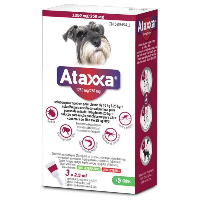 Ataxxa Solução Pipetas 1250/250Mg x 3 Cão, 10-25Kg