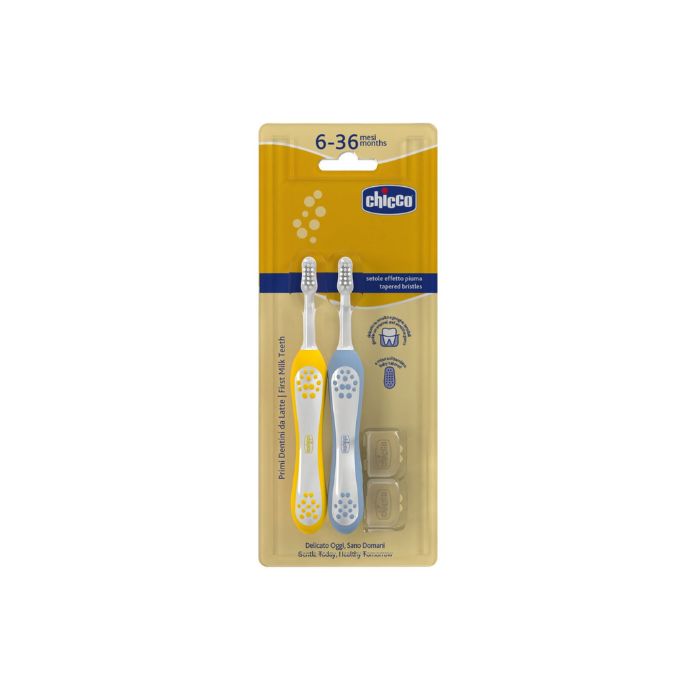 Chicco Escova Primeiros Dentes Pack Duplo Azul/ Mustarda, 6-36 m