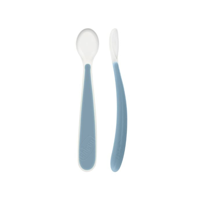 Chicco Colher de Silicone Suave Azul 6m+, 2 Colheres