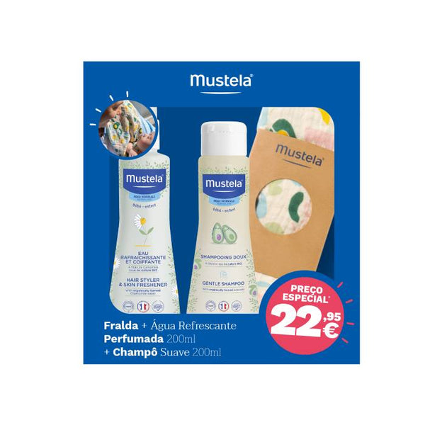Mustela Bebé Kit Fralda de Pano + Água Perfumada Refrescante 200 ml + Champô Suave 200 ml