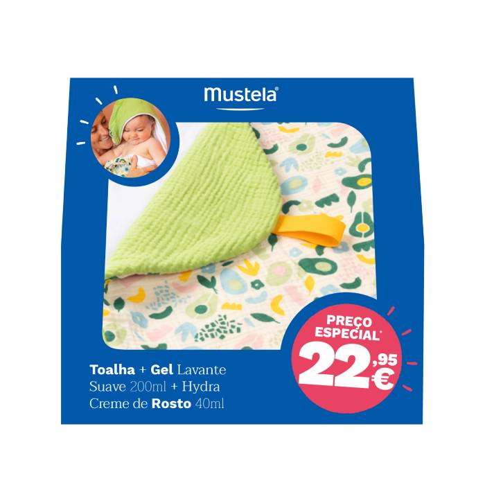 Mustela Bebe Kit Toalha de Banho + Gel Lavante Suave 200 ml+ Creme Hydra de Rosto 40 ml