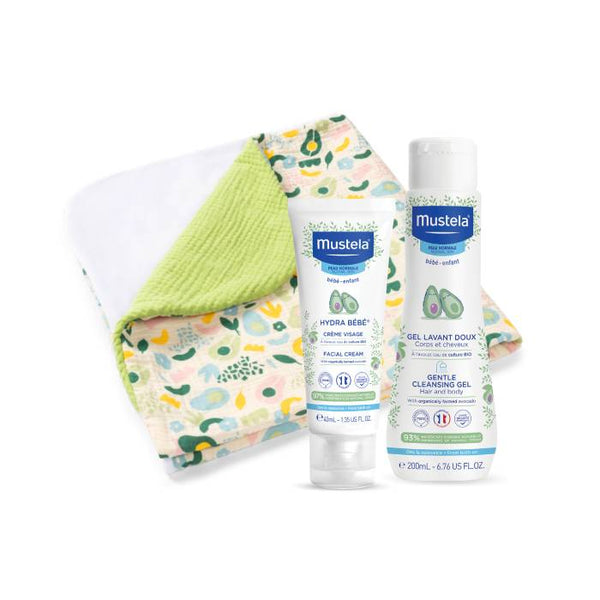 Mustela Bebe Kit Toalha de Banho + Gel Lavante Suave 200 ml+ Creme Hydra de Rosto 40 ml