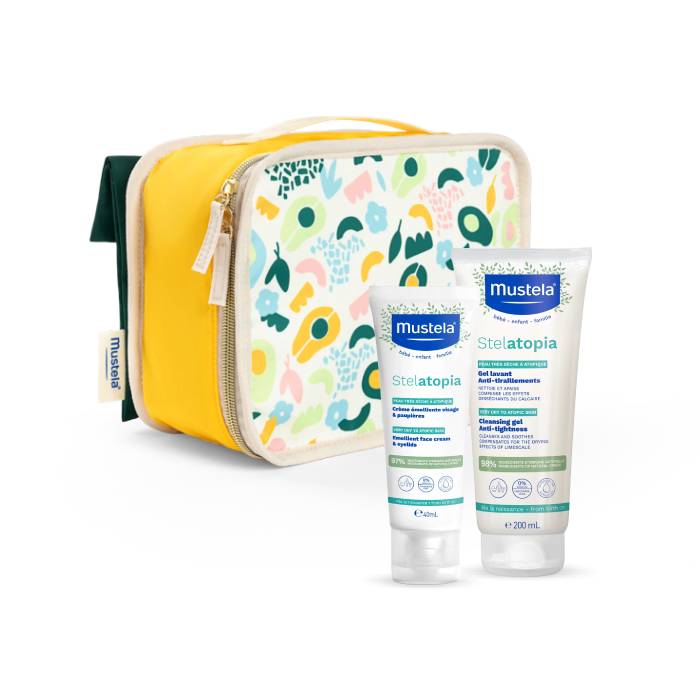 Mustela Stelatopia Kit Pele Atópica Gel Lavante 200 ml + Creme Emoliente Rosto e Pálpebras 40 ml Oferta Necessaire