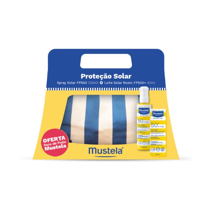 Mustela Pack Spray Leite Solar SPF50 200 ml + Leite Rosto 40 ml + Saco Praia